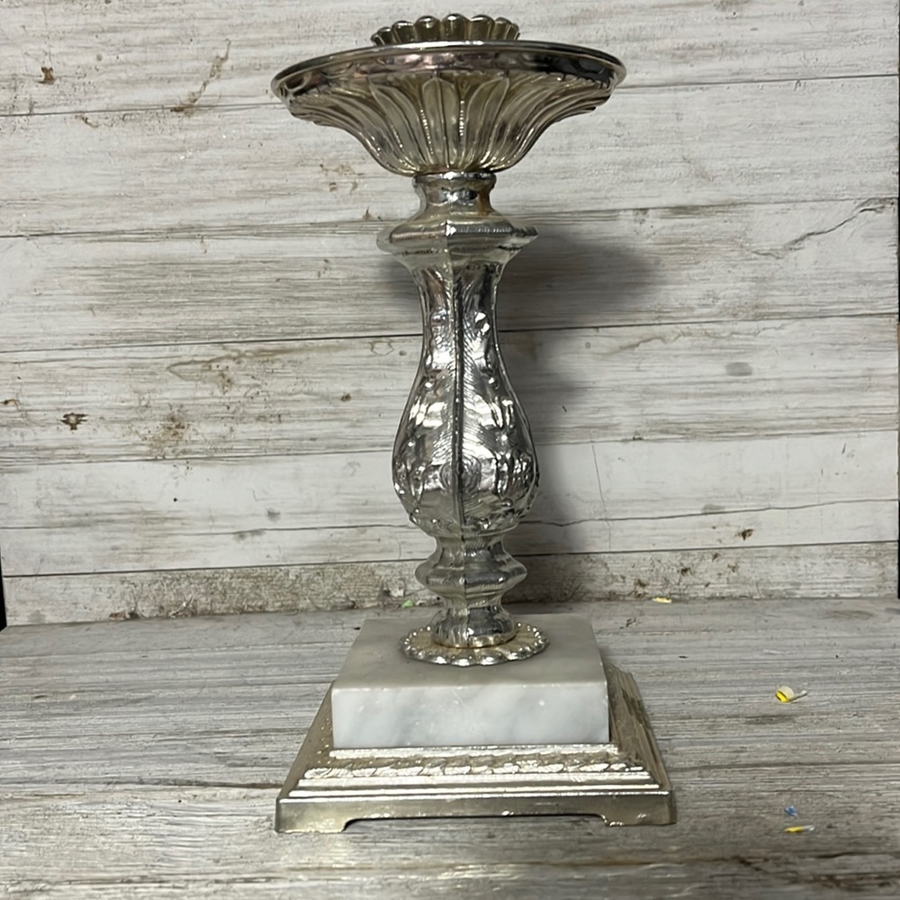 Vintage Marble Base Candle Holder Italy Ornate Repousse Silver Tone
